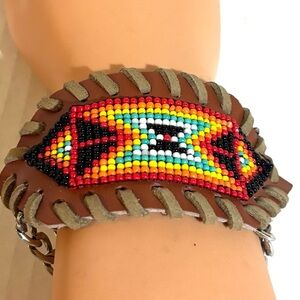 Handmade Beaded Leather Cuff Bracelet in Brown with Multicolor Beads